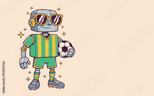 Cartoon robot character playing soccer with sunglasses and ball  