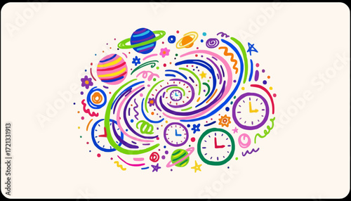 Colorful abstract illustration of space with planets and clocks  