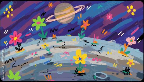 Colorful abstract landscape with flowers and Saturn in the sky  