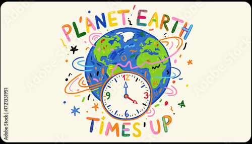 Colorful illustration of planet Earth with clock and text  
