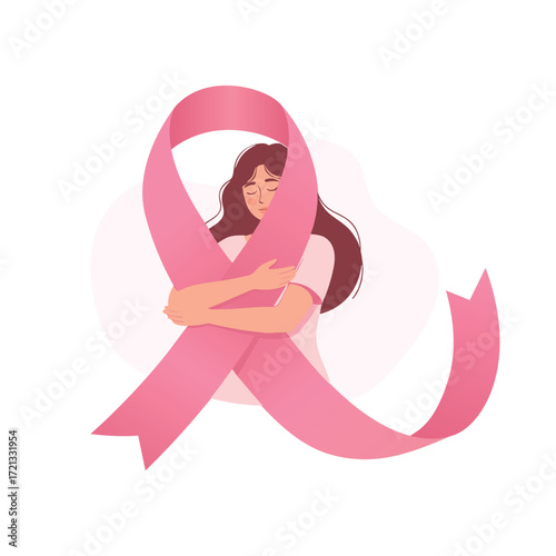 A gentle and caring illustration of a woman tenderly hugging a large pink ribbon, symbolizing self-love and support. vector illustration