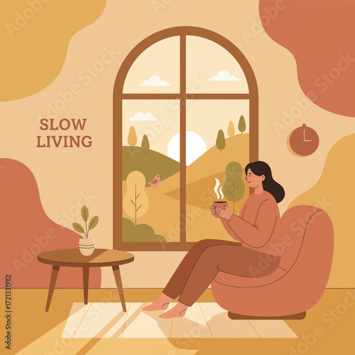 Woman enjoying coffee while relaxing in cozy living room  
