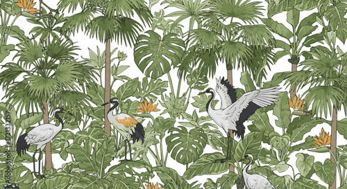 Create a Tropical jungle forest, palm tree, botanical plants, crane birds illustration pattern for wallpaper mural print vector art with white background..