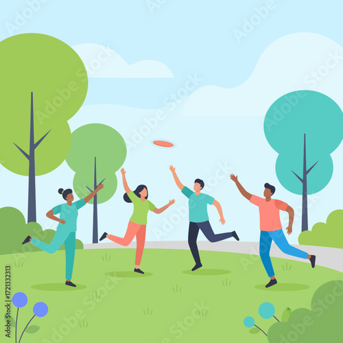Group of friends playing frisbee and having fun in the park  