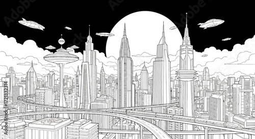 Futuristic city skyline with tall skyscrapers and flying vehicles  
