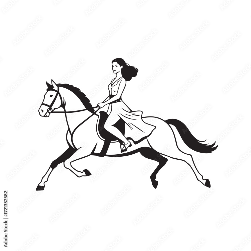 Obraz premium Black and white line art of a beautiful woman with perfect body riding horse elegant minimalist illustration