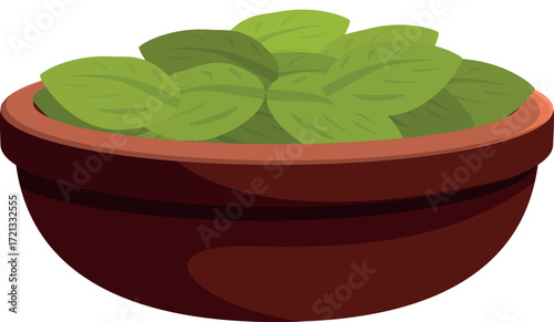 Fresh basil leaves are placed in a brown bowl, ready to be used for cooking