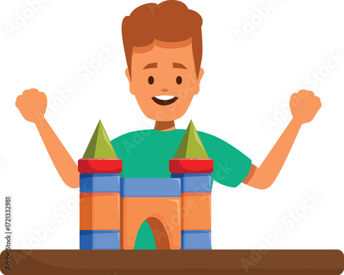 Preschooler enjoying playtime, building a castle with colorful blocks, fostering creativity and imagination