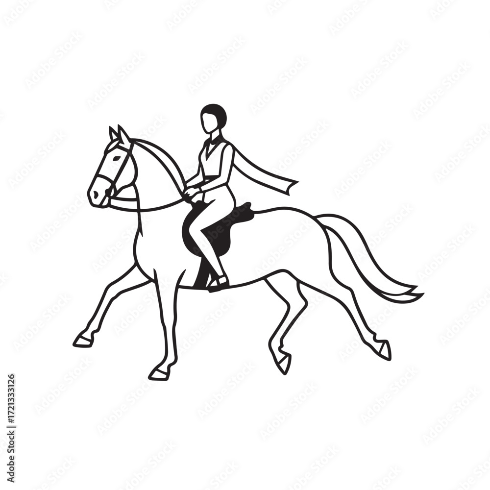Fototapeta premium Black and white line art of a beautiful woman with perfect body riding horse elegant minimalist illustration