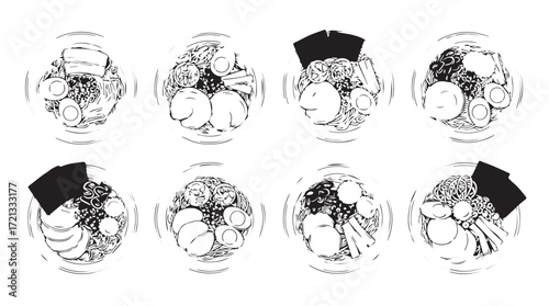 Top view assortment of delicious sushi rolls and bowls arranged artfully silhouette