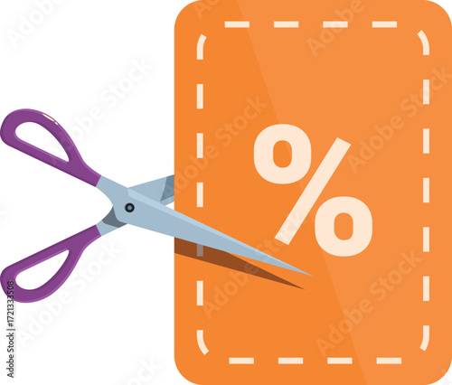Scissors are cutting a discount coupon, symbolizing obtaining a price reduction