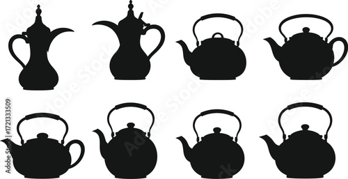 Black silhouette teapots and arabic coffee pots vector design