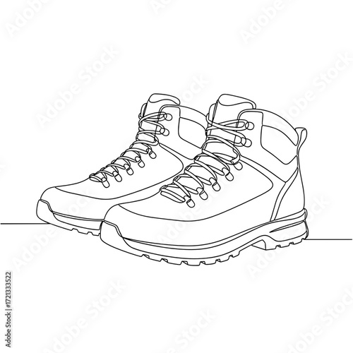 Hiking boots single-line drawing, neutral monochrome, outdoor gear illustration for banners