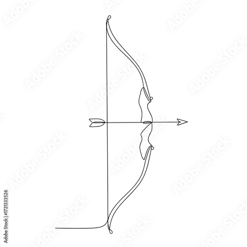 Bow and arrow single-line illustration, monochrome archery motif for sporting or romantic themes
