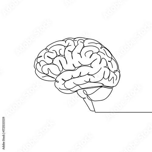 Single-line brain illustration, monochrome neural motif for education, science, or mental health