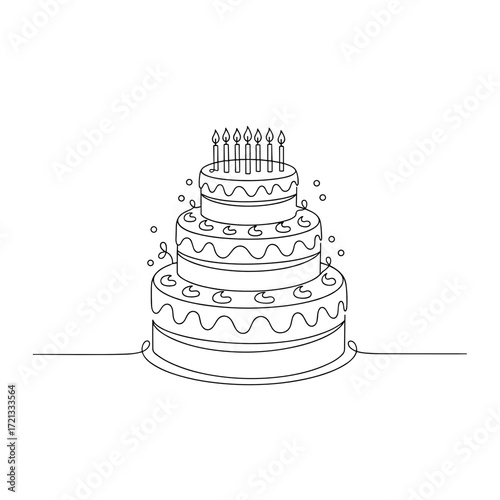 Three-layer birthday cake single-line drawing, monochrome celebratory motif for party graphics