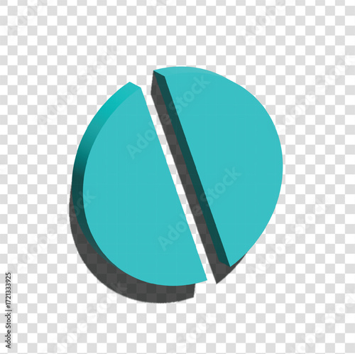 3D icon of a turquoise round pill with a dividing line, symbolizing medication, pharmacy, and treatment.