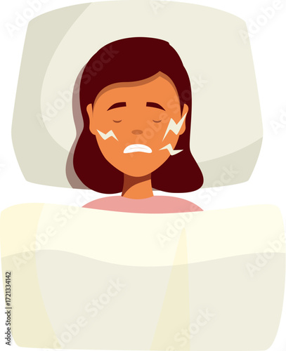 Woman suffering from bruxism, clenching her jaw and grinding teeth while sleeping, sleep disorder and oral health problem concept