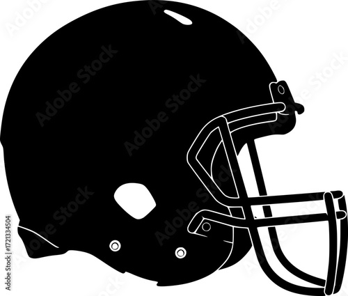 a black silhouette of an american football helmet on a white background, solid black, side view


