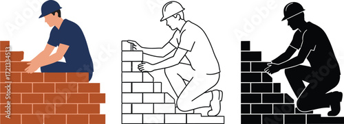 Masonry construction worker building brick wall vector illustration
