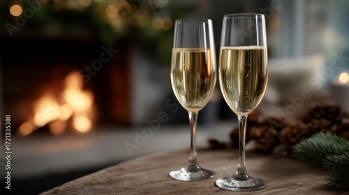 Celebration toast with sparkling champagne cozy living room close-up image warm ambiance intimate viewpoint
