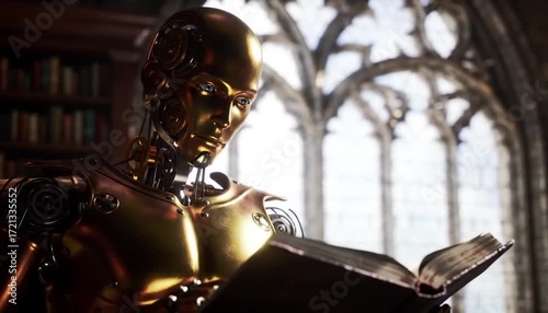Intelligent golden robot engrossed in reading ancient book in grand library scene
