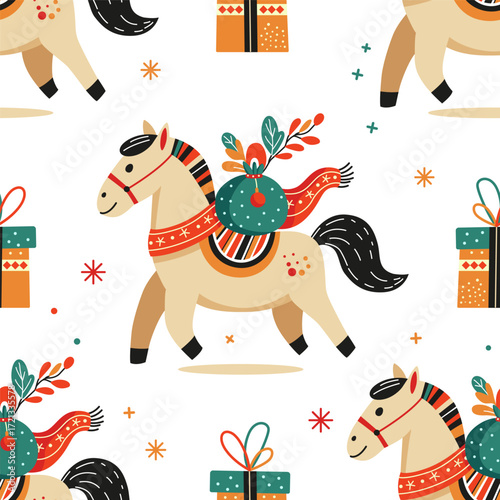 A cheerful horse carries a sack of gifts for New Year and Christmas. Seamless pattern.