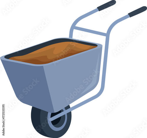 Metal wheelbarrow carrying soil, useful for gardening, farming, and construction work