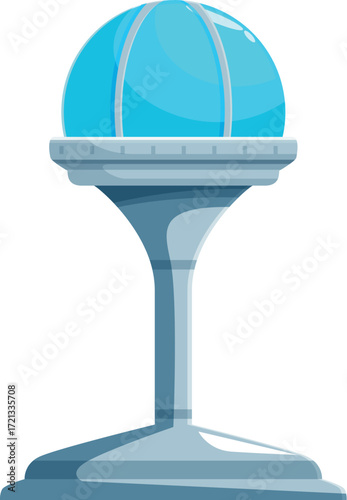 Futuristic airport control tower with shiny blue glass dome ensuring smooth air traffic operations