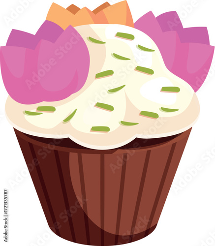 Cupcake decorated with pink lotus flowers and cream cheese frosting, creating a visually appealing and delicious treat