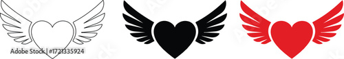 Winged Heart Valentine Illustration.red black heart with wings vector design romantic love angel symbol valentine wedding cute decorative illustration clipart.Flying red heart with angel wings vector