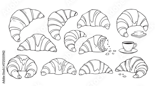Artistic sketch of delicious croissants and coffee cup morning breakfast food illustration silhouette
