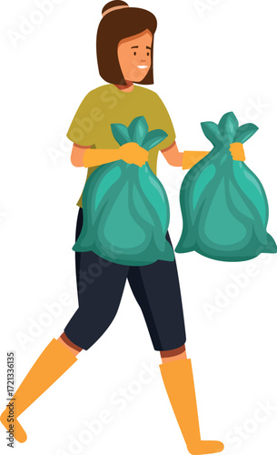 Volunteer carrying garbage bags, promoting environmental responsibility and waste management