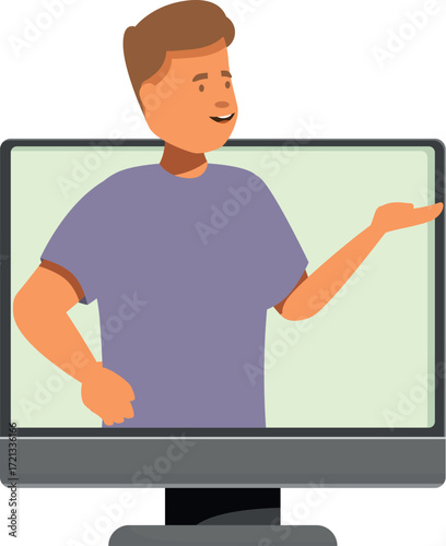 Young man making online presentation using computer, explaining something with hand gesture