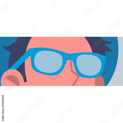 Cartoon Face with Blue Glasses and Black Hair Illustration.