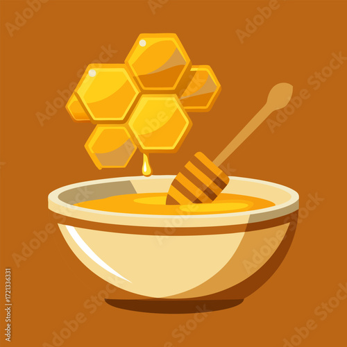 Golden Natural Honey with Honeycomb and Wooden Dipper – Pure Organic Sweet Food Isolated.