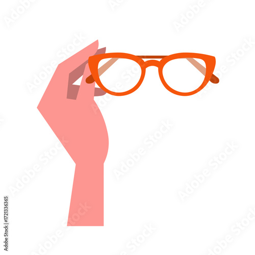 Stylized Hand with Black Fingernails Holding Vibrant Orange CatEye Glasses.