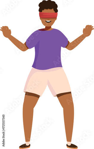 Young man is blindfolded and trying to find other players in a game of hide and seek