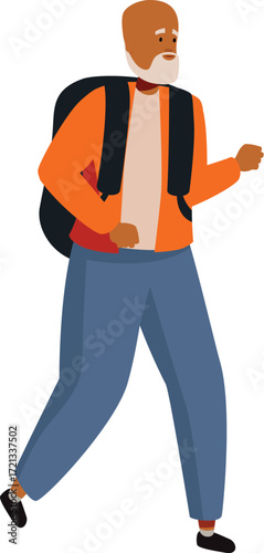 Elderly black man walking with backpack, enjoying freedom and adventure in nature