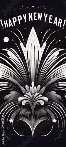 Bold white typography spells out Happy New Year against a dark backdrop filled with radiant fireworks. 