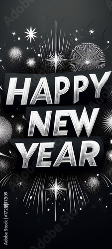 Happy New Year Celebration With Fireworks And Festive Typography On Dark Background