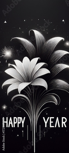 Happy New Year Celebration With Fireworks And Festive Typography On Dark Background