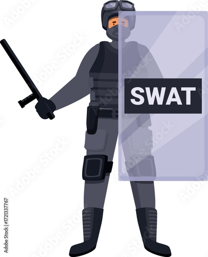 Swat police officer holding a transparent riot shield and baton, ensuring public safety