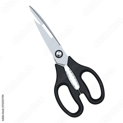 Black-handled kitchen shears with stainless steel blades.