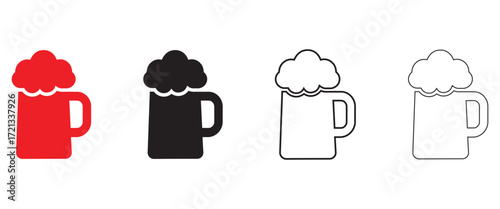 Beer Glass vector icon, beer mug with frothy beer Icon symbol, celebration with bear vector, silhouette and line art