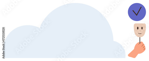 Hand holding a smiling face mask next to a cloud and a blue checkmark. Ideal for communication, positivity, feedback, identity, cloud storage, validation, customer service. Simple flat metaphor