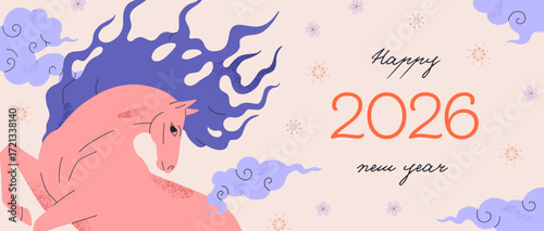 Chinese new year 2026 banner. Fire horse, festive background design. Asian lunar holiday animal flying among clouds. Equine zodiac symbol, happy CNY, horizontal backdrop. Flat vector illustration.