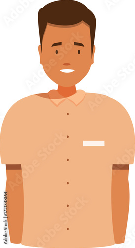 Portrait of a friendly shop assistant smiling, wearing a uniform and a name tag, providing excellent customer service