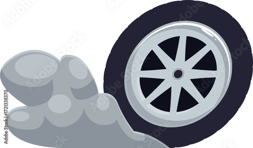 Car tire leaving a smoke cloud while driving fast, depicting speed and acceleration