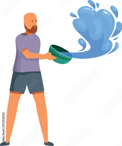 Bearded man throwing water with a bowl celebrating songkran, thai new year
